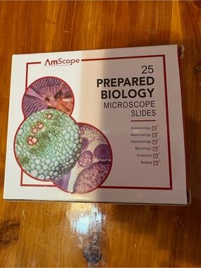 AmScope 25 Prepared Biology Microscope Slides - wooden box